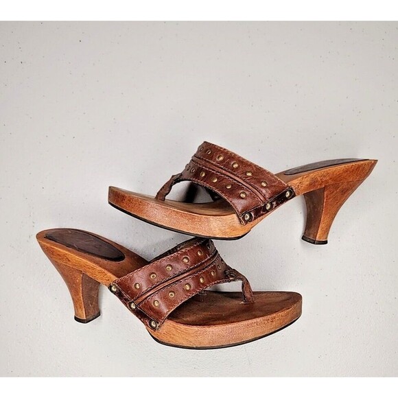 Vintage 90s y2k Bratz MIA Brown Leather Wood Sole Slides Heeled Sandals 7 EUC - Picture 7 of 8